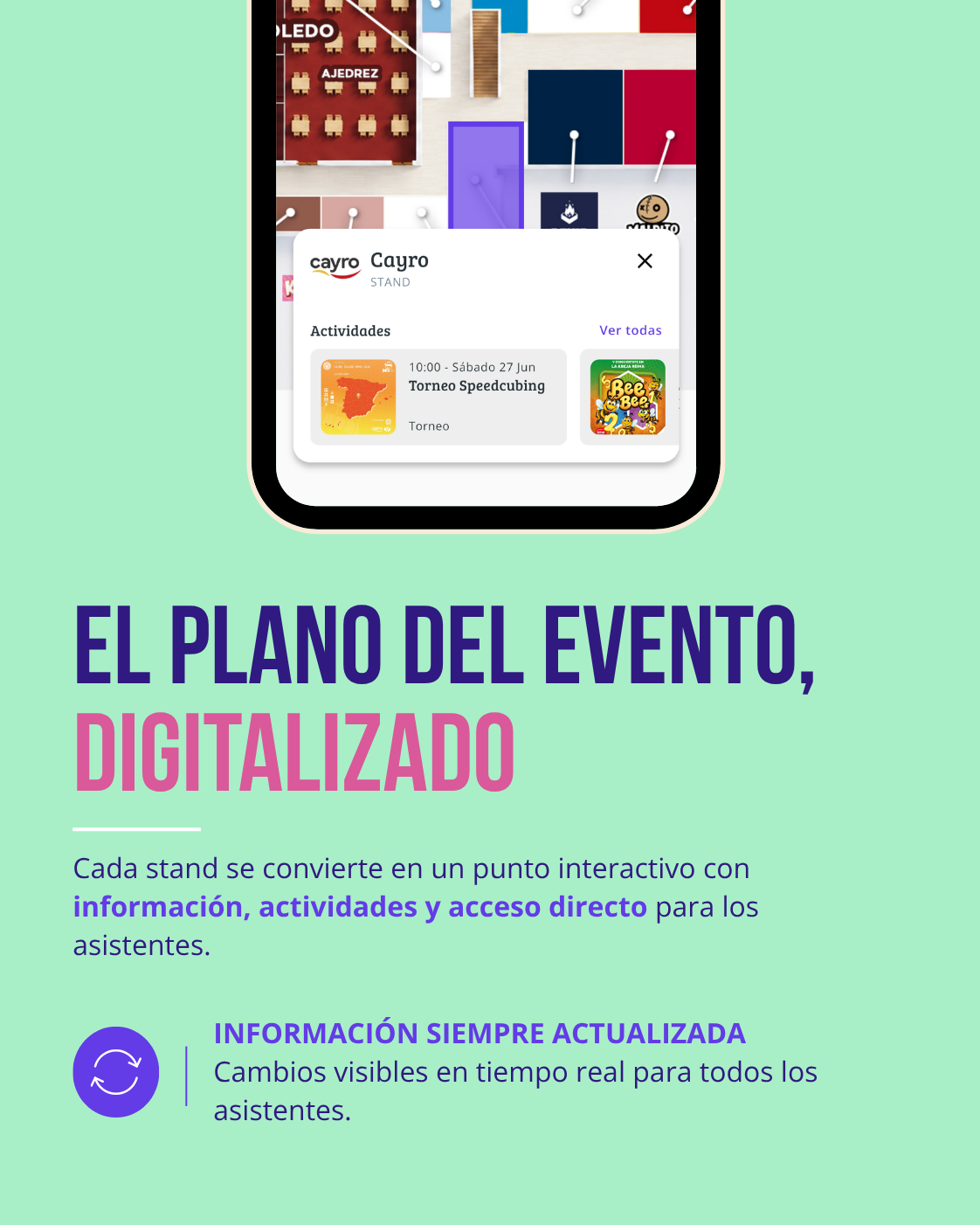 Plano interactivo de Toledum II digitalizado con Meeplay: cada stand es un punto de informacion
